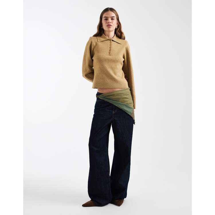 moca　SHOULDER PADS POLO KNIT TOPS ASOS DESIGN structured shoulder pads polo top in camel | ASOS