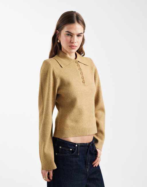 moca　SHOULDER PADS POLO KNIT TOPS ASOS DESIGN structured shoulder pads polo top in camel | ASOS