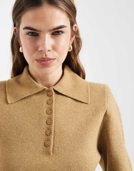 moca　SHOULDER PADS POLO KNIT TOPS ASOS DESIGN structured shoulder pads polo top in camel | ASOS
