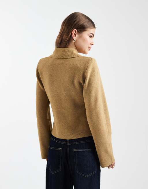 ASOS DESIGN structured shoulder pads polo top in camel | ASOS