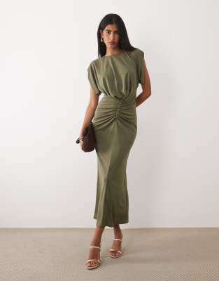 Asos Design Structured Shoulder Ruched Front Midi Dress In Green