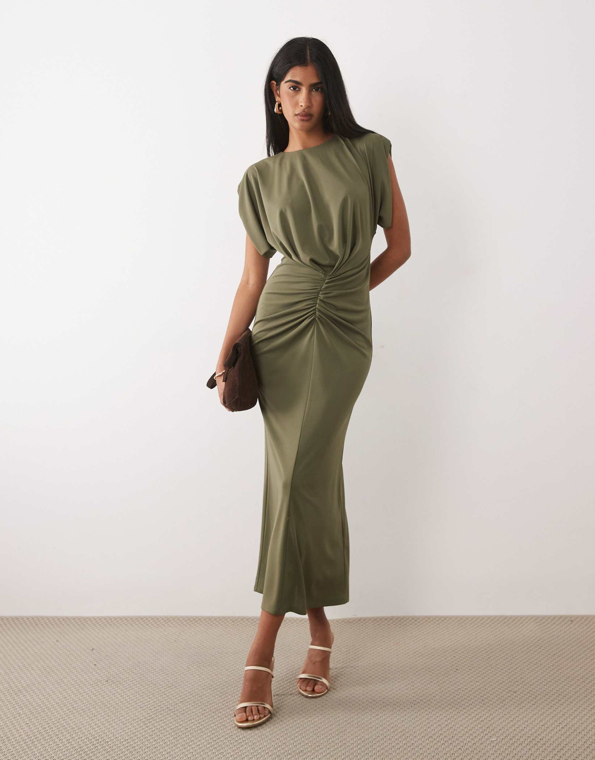 asos design structured shoulder ruched front midi dress in khaki