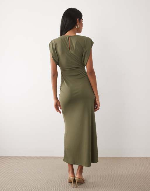 ASOS DESIGN structured shoulder ruched front midi dress in khaki, 4 of 4