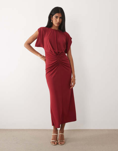 ASOS DESIGN structured shoulder ruched front midi dress in red - view 1