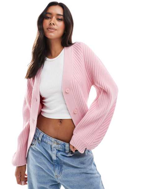 ASOS DESIGN structured sleeve cardigan with rib detail in pink - view 1