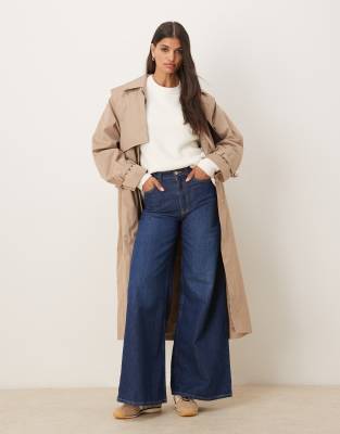 Asos Design Structured Soft Touch Longline Waisted Crew Neck Sweater In Gray