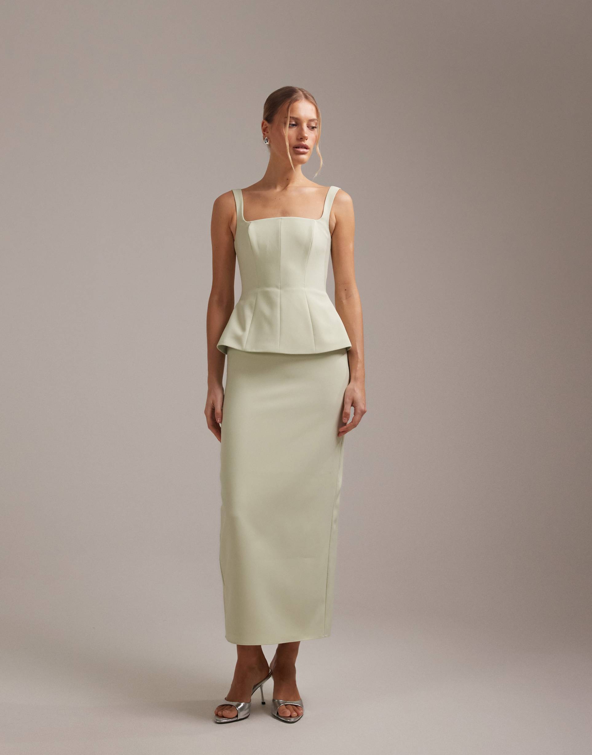 asos design structured square neck bridesmaids dress in sage green