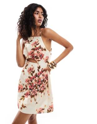 Asos Design Structured Square Neck Cross Back Mini Dress With Cut Outs In Abstract Floral Print-multi