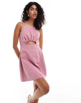Asos Design Structured Square Neck Cross Back Mini Dress With Cut Outs In Pink