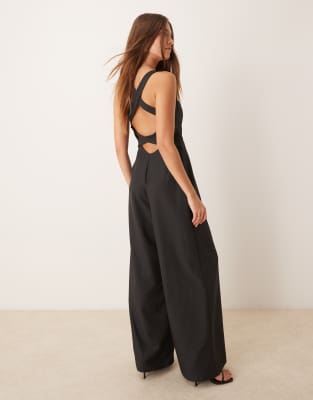 structured square neck jumpsuit with cross back detail in charcoal-Gray