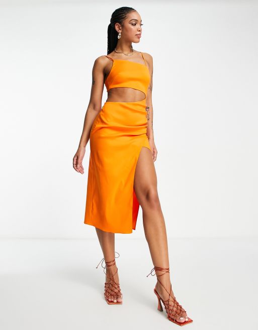 ASOS DESIGN structured strappy midi dress with cut out detail in orange