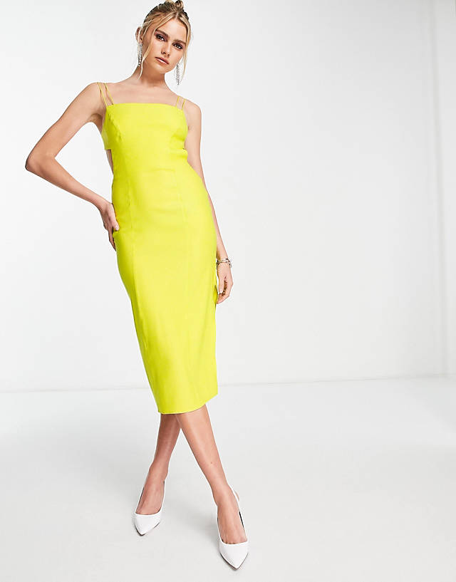 ASOS DESIGN structured strappy midi dress with open back in lime GN9398