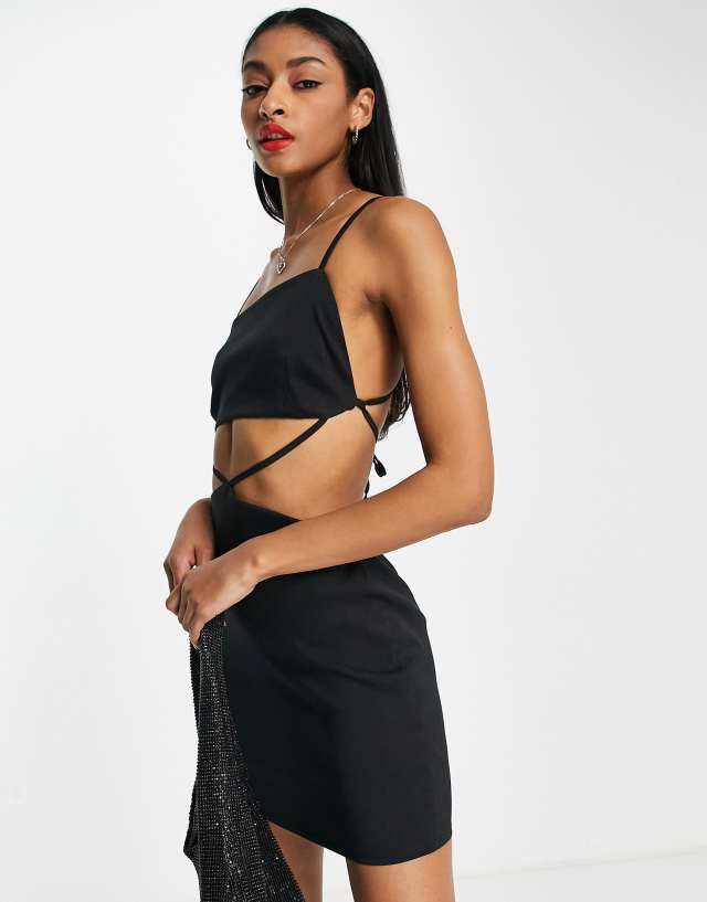 ASOS DESIGN structured strappy mini dress with square neck and tie detail in black