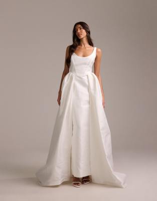 Asos Design Structured Super Scoop Neck Pencil Maxi Dress With Full Overskirt In White