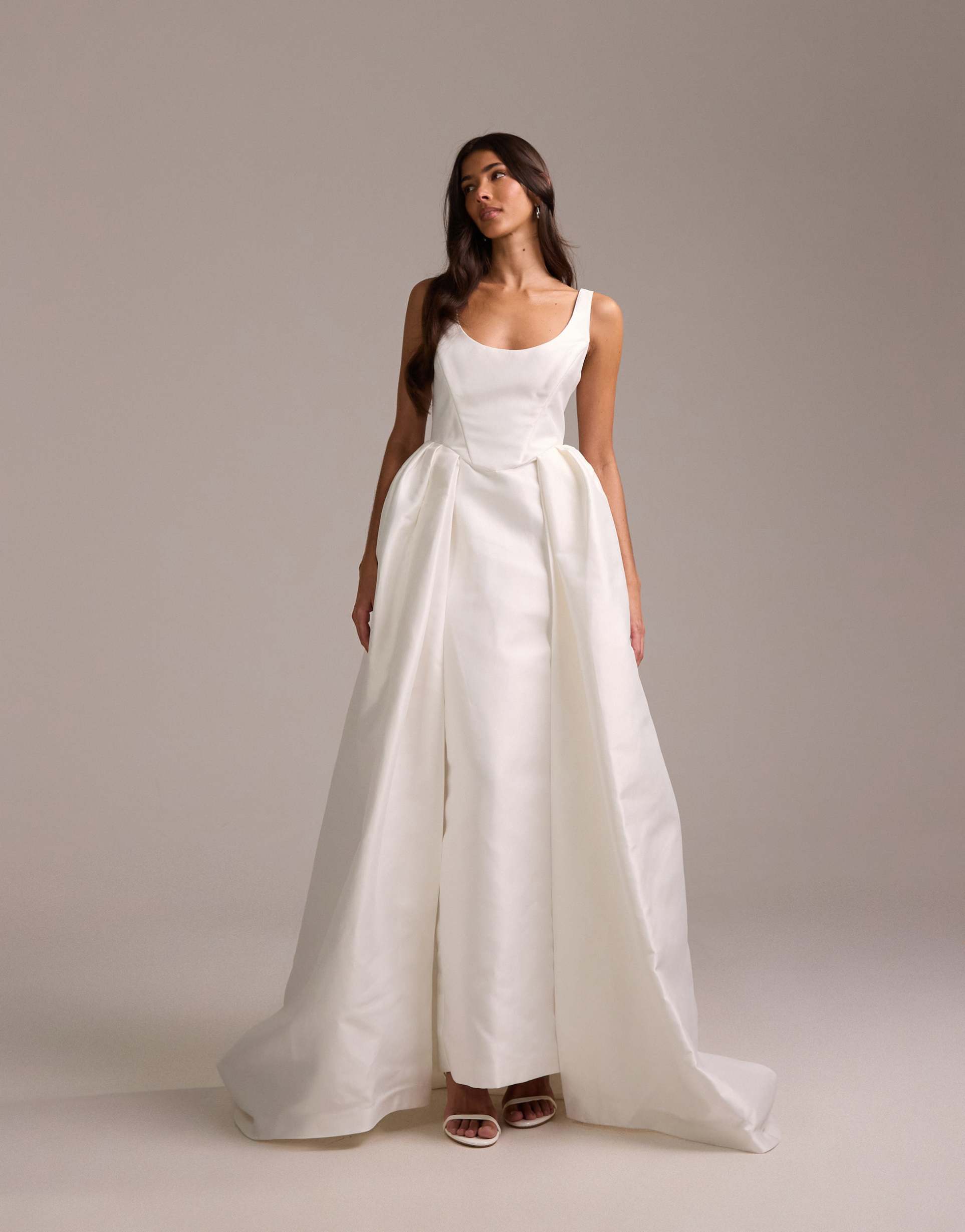 asos design structured super scoop neck pencil maxi dress with full overskirt in white