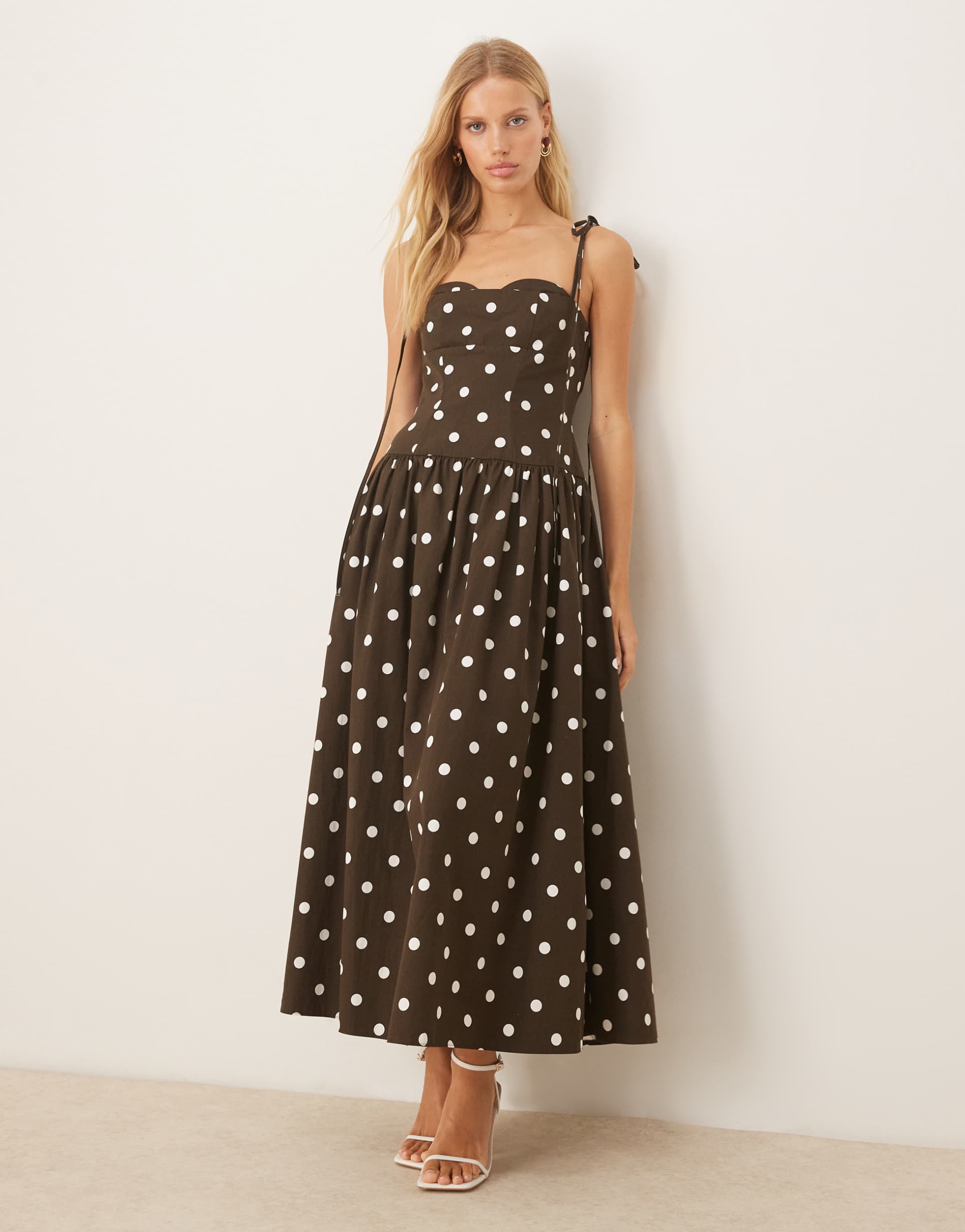 asos design structured tie strap dropped waist midi dress in brown spot print