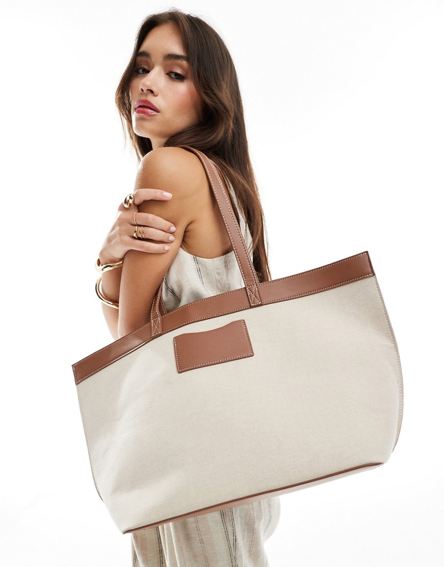 ASOS DESIGN structured tote bag in bonded canvas with panel detail-Neutral