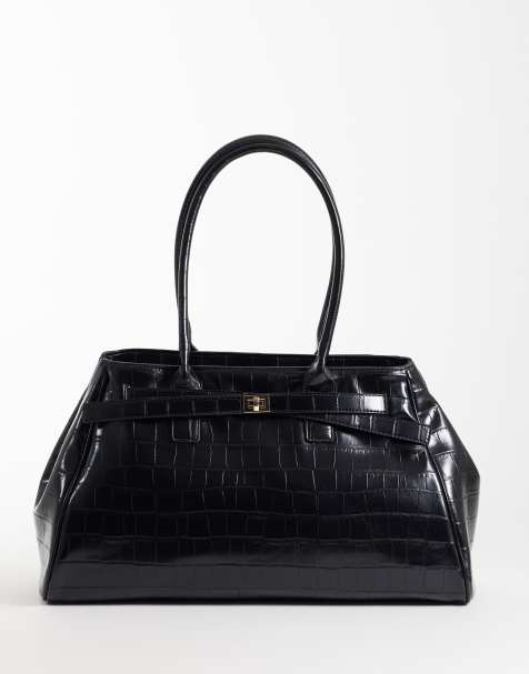 ASOS DESIGN structured tote bag in croc with buckle belt detail in black - view 1