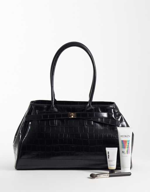 ASOS DESIGN structured tote bag in croc with buckle belt detail in black, 2 of 4