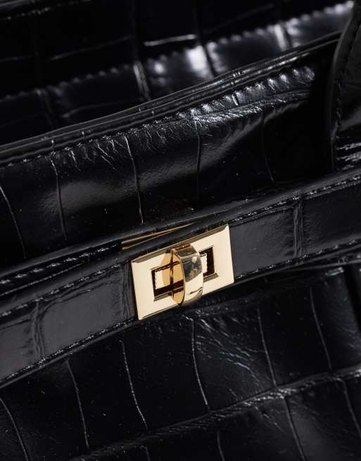 ASOS DESIGN structured tote bag in croc with buckle belt detail in black, 3 of 4