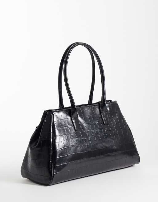 ASOS DESIGN structured tote bag in croc with buckle belt detail in black, 4 of 4
