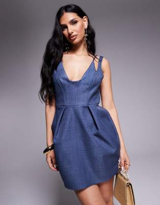 Asos Design Structured Tulip Hem Mini Dress With Stitch Detail