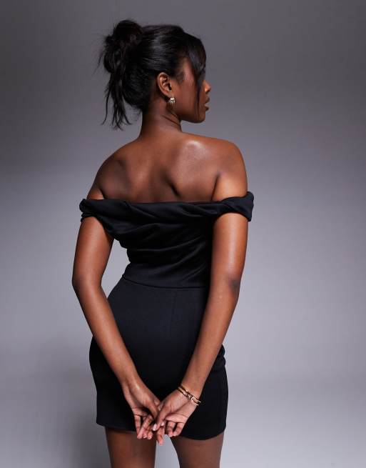 black bardot bodycon dress Law of Attraction | Black Bardot Draped Split Maxi Dress main image 0