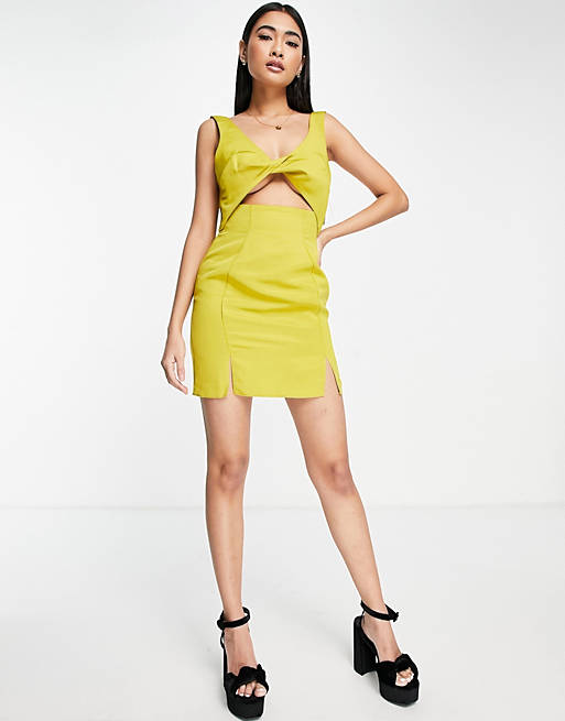 Women structured twist front mini dress in olive 