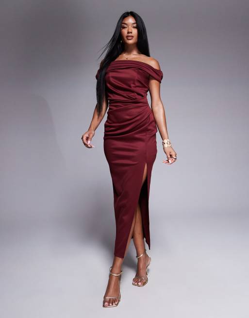 ASOS DESIGN structured twist off the shoulder bodycon midi dress in burgundy