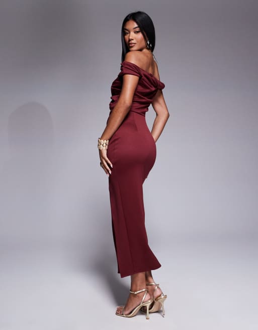 ASOS DESIGN structured twist off the shoulder bodycon midi dress in burgundy