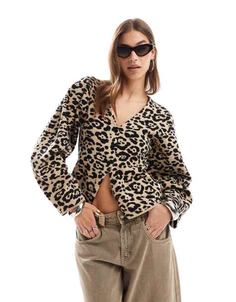 ASOS DESIGN structured v neck cardigan in leopard - view 1
