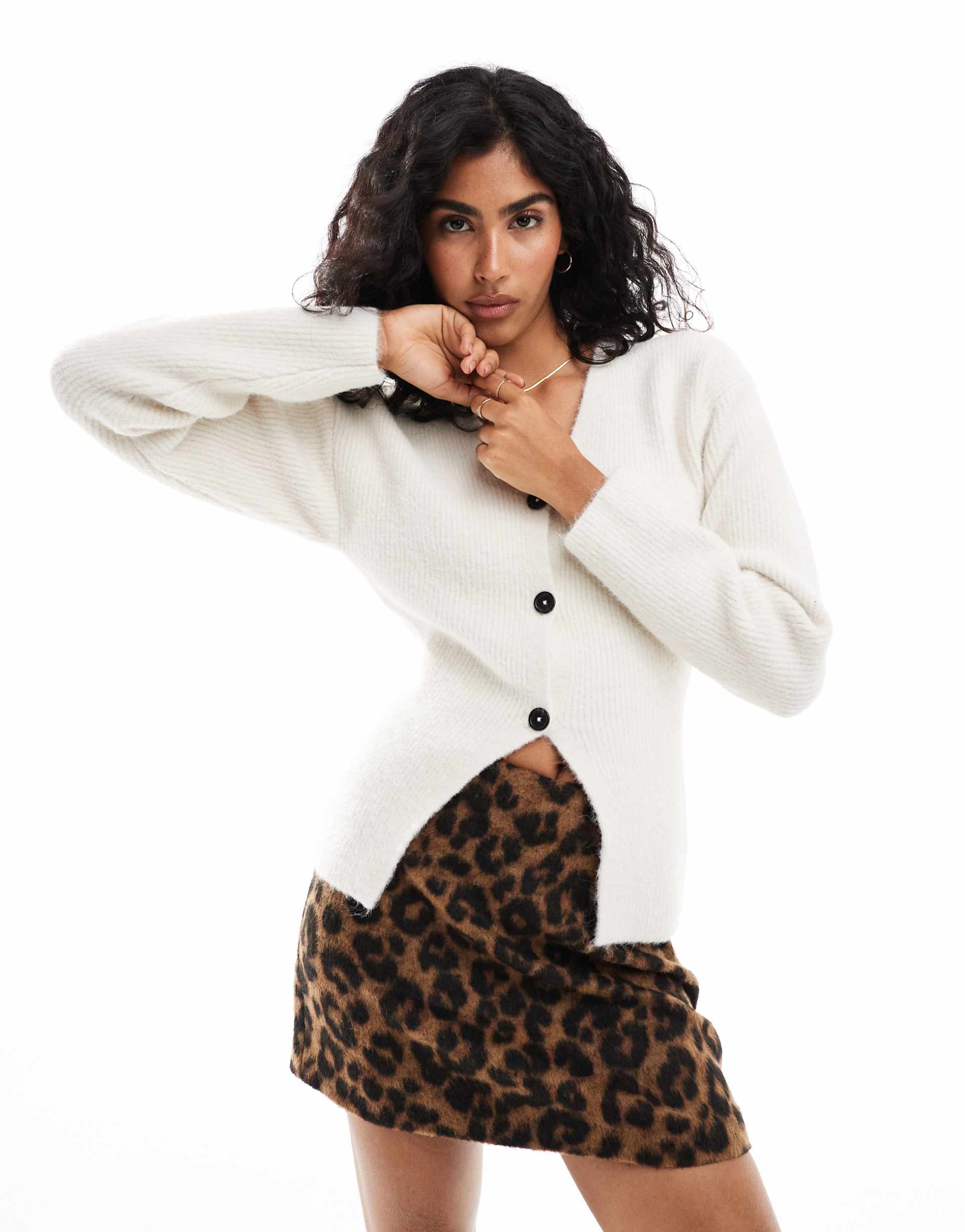 asos design structured v neck cardigan with split detail in cream