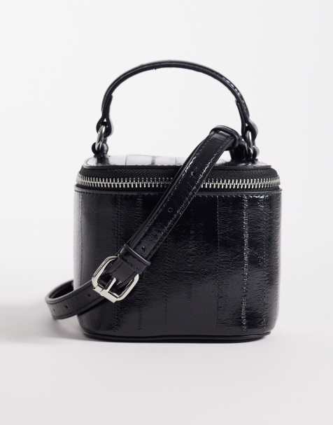 ASOS DESIGN structured vanity cross body bag with adjustable strap in black croc - view 1