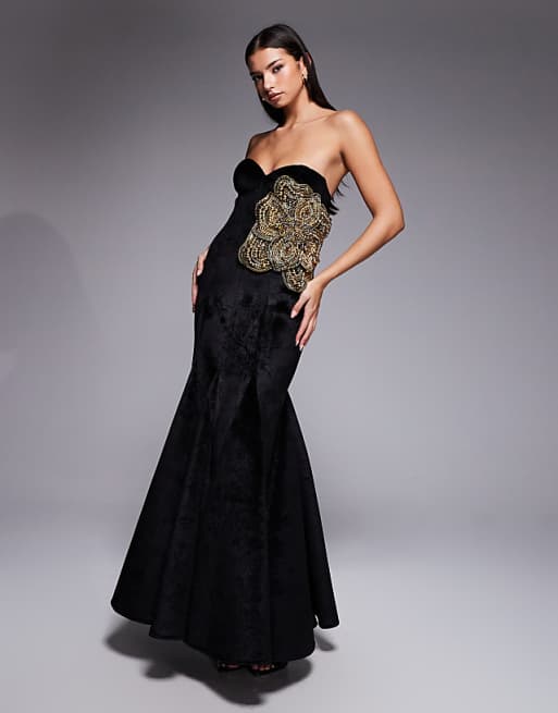 asos black formal dress Maxi Dresses | Long Black Formal Dresses The ASOS DESIGN Premium knotted bandeau maxi dress with corsetry detailing in black is a chic addition to your evening wardrobe Asos Black Bodycon Dress Off