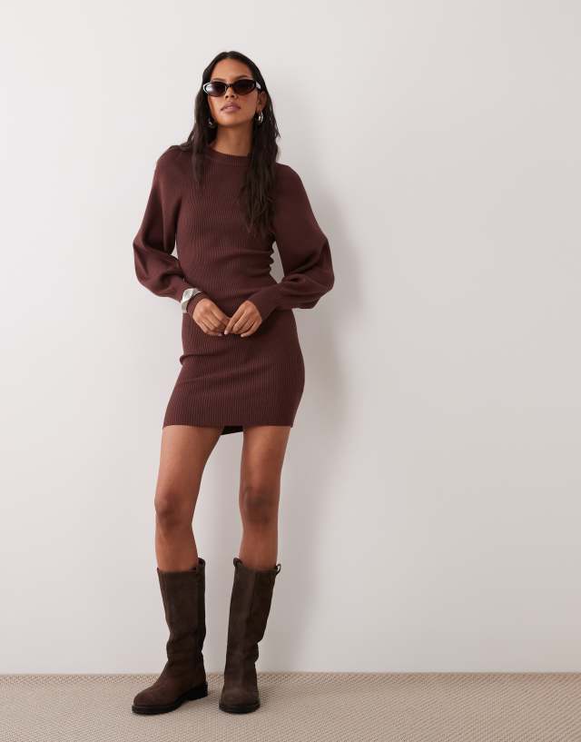 ASOS DESIGN structured volume sleeve mini dress in chocolate