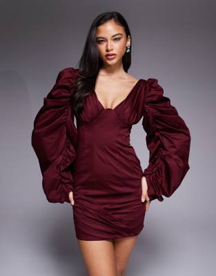 ASOS DESIGN structured volume sleeve mini dress with pleated skirt in mulberry