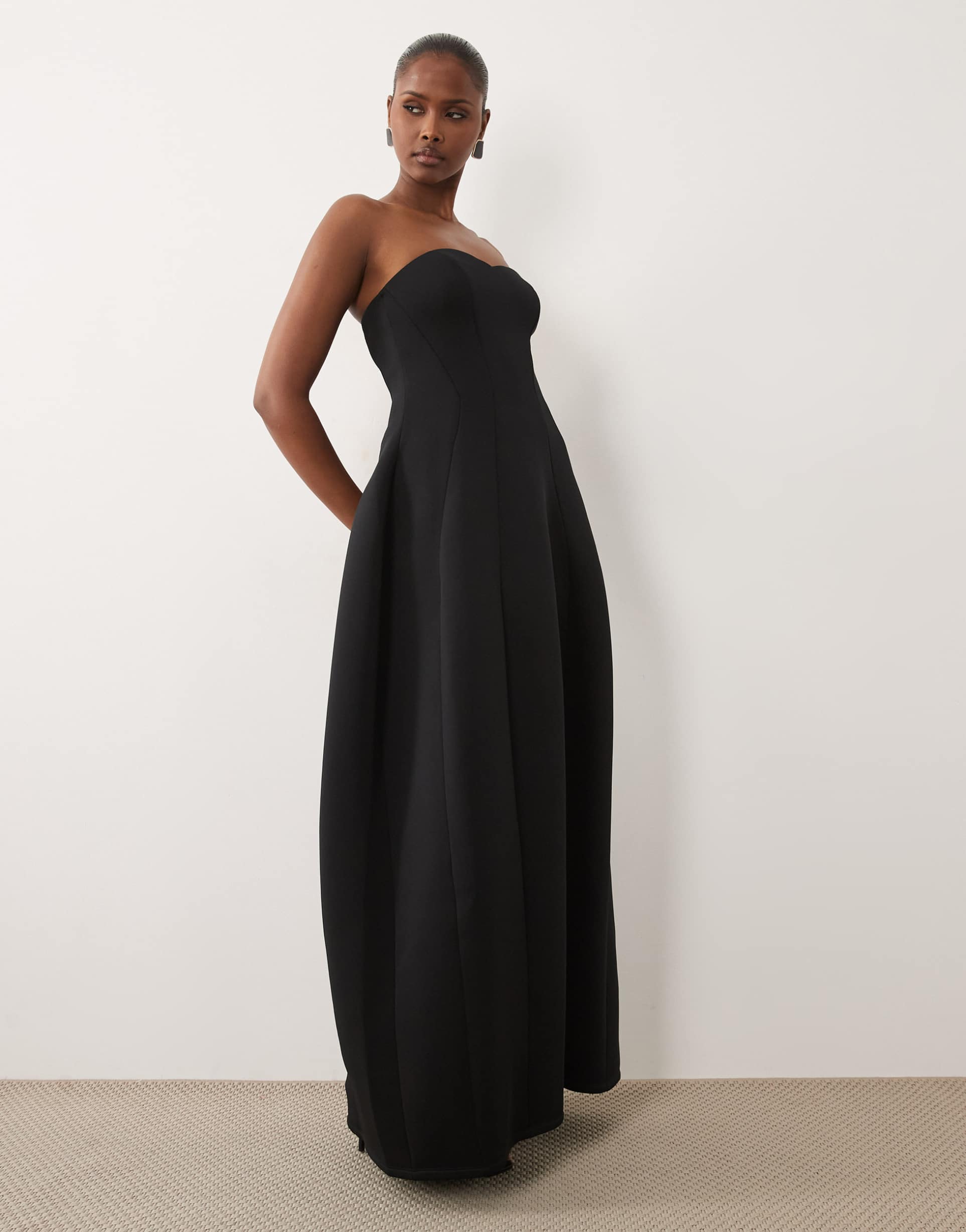 asos design structured volume strapless maxi dress in black scuba-style fabric
