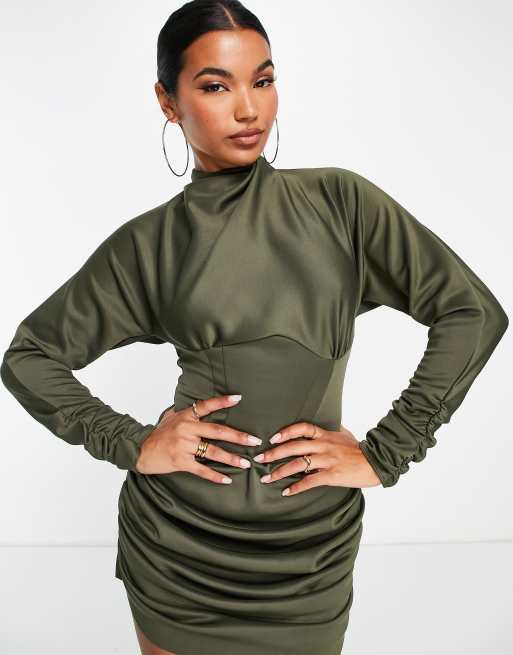 ASOS DESIGN structured waist mini dress with drape detail in khaki | ASOS