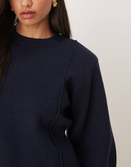 ASOS DESIGN structured compact knit waisted crew neck sweater in navy