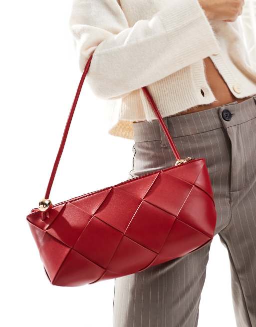 ASOS DESIGN structured weave shoulder bag with gold ball detail straps in red, 2 of 4