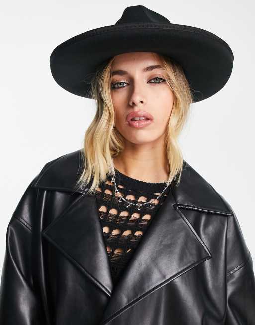 ASOS DESIGN structured wide brim fedora hat in black with trim detail , 3 of 4