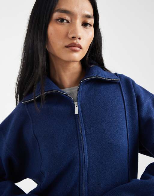 ASOS DESIGN structured zip through cardigan co-ord in navy, 4 of 4