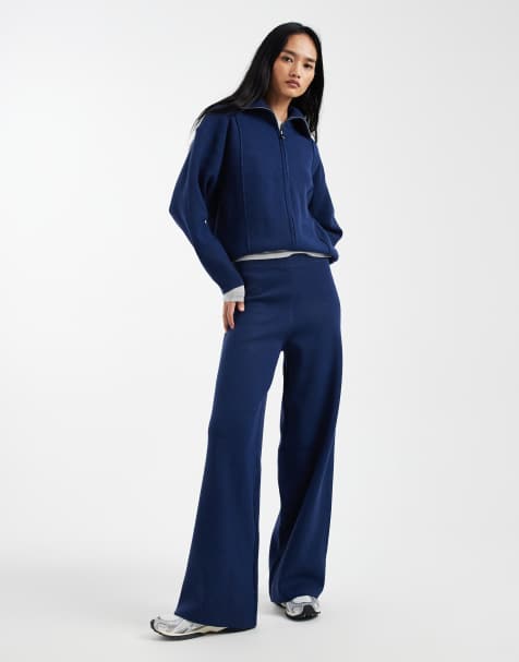 ASOS DESIGN structured zip through cardigan & wide leg pants set in navy - view 1