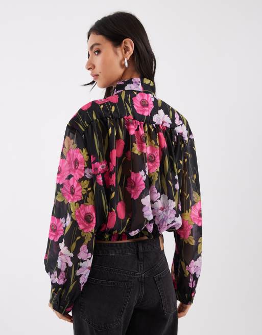 ASOS DESIGN strukturerad blus med rosett och rynkdetalj i blommigt tryck, 3 av 4