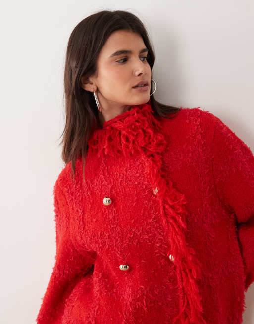 ASOS DESIGN strukturerad kofta med fransar och dubbelknäppning i rött, 2 av 4