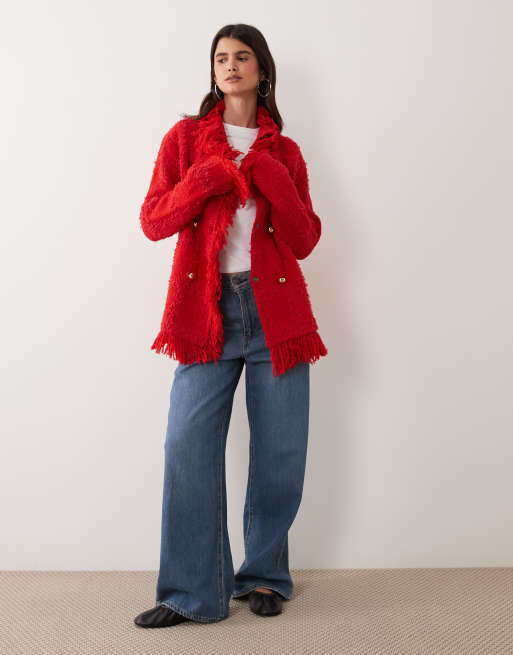 ASOS DESIGN strukturerad kofta med fransar och dubbelknäppning i rött, 3 av 4