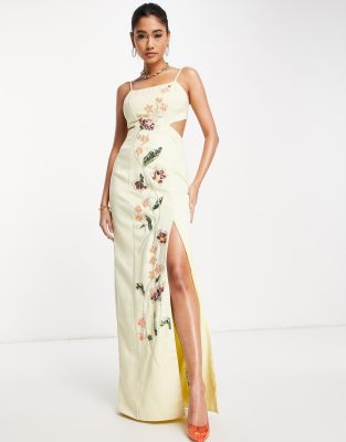 ASOS DESIGN – Strukturerad maxiklänning med blommig utsmyckning och smala axelband