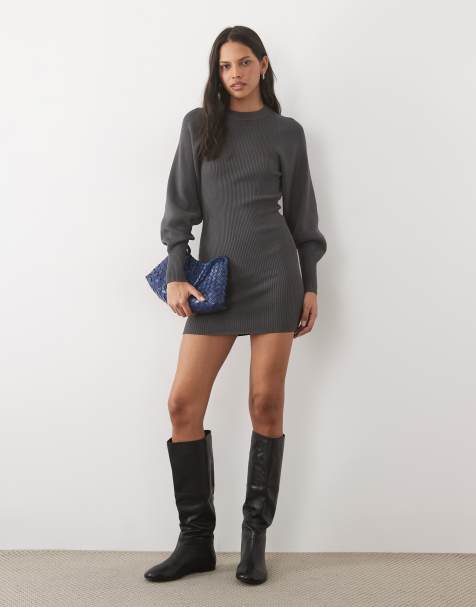 ASOS DESIGN strukturerad miniklänning med volymärmar i charcoal - view 1