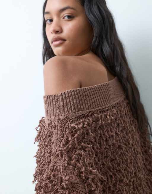 ASOS DESIGN strukturerad stickad asymmetrisk tröja med bara axlar i chokladbrun, 3 av 4