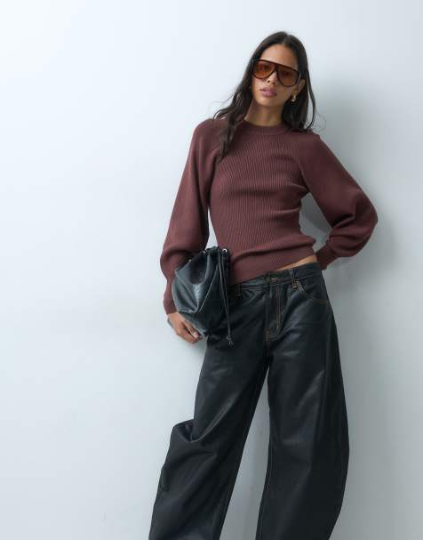 ASOS DESIGN strukturerad stickad topp med volymärmar i chokladbrun - view 1